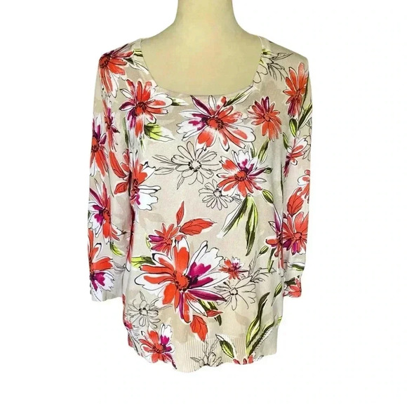 Joseph A Floral Square Neck Colorful Pullover Lightweight Sweater Women Size L - Picture 1 of 8